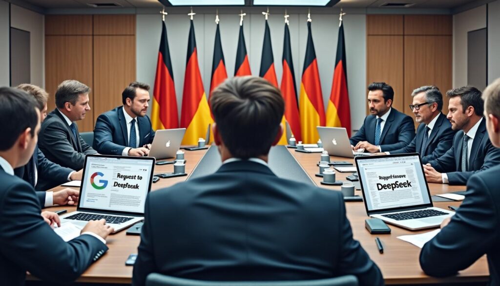 l'allemagne réclame à google et apple le retrait de l'application deepseek de leurs plateformes, suscitant des préoccupations sur la confidentialité et la sécurité des données. découvrez les motifs de cette demande et son impact potentiel sur les utilisateurs.